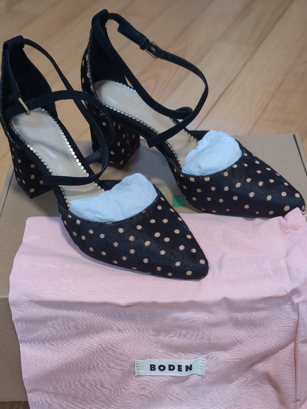 Boden Black and Beige Polka Dot Ankle-Strap Block Heels EU 36